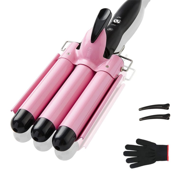 TOP4EVER 3 Barrel Curling Iron, 1 inch Crimper Hair Tool,Crimping Waver for Women Beach Waves with Two Temperature Settings, Pink - Image 1